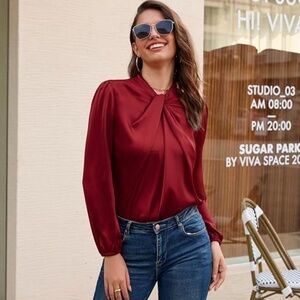 Grace Karin Women's Knotted Neck Comfy Long Sleeve Keyhole Back Blouse